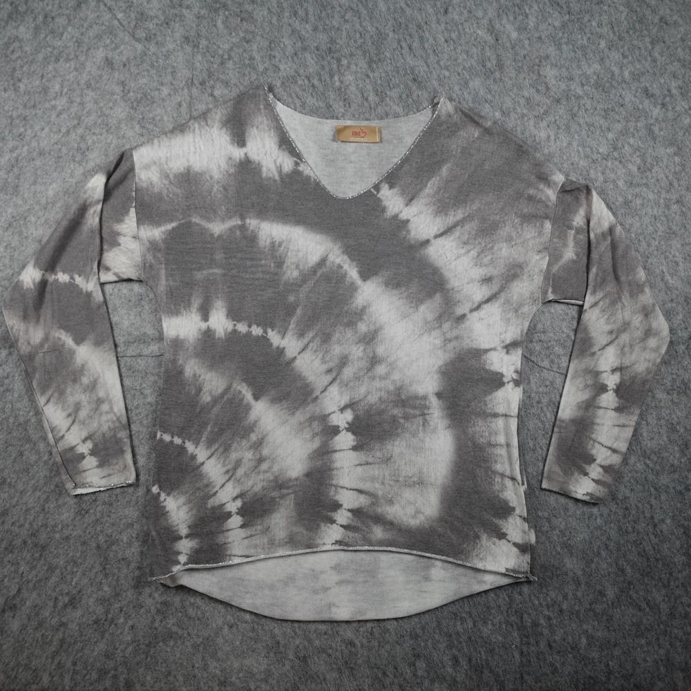 Free For Humanity Top Women Large Gray Tie Dye V Neck‎ Silver Trim Made In Italy